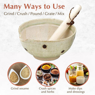 TIKUSAN Ceramic Ripple Ridge Mortar & Pestle (Suribachi & Surikogi) Set with Spout White