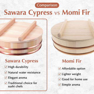 TIKUSAN Wooden Hangiri Sushi Oke Rice Mixing Tub Made of Sawara Cypress Copper Band with Lid