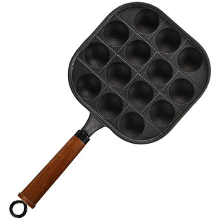 TIKUSAN Takoyaki Pan Cast Iron Takoyaki Maker Skillet Griddle Japanese Octopus Meat Ball Mold Maker Wooden Handle 14 Molds