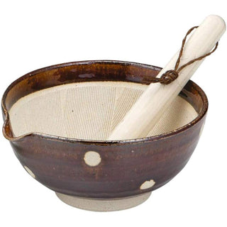 TIKUSAN Ceramic Ripple Ridge Mortar & Pestle (Suribachi & Surikogi) Set with Spout Brown