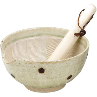 TIKUSAN Ceramic Ripple Ridge Mortar & Pestle (Suribachi & Surikogi) Set with Spout White