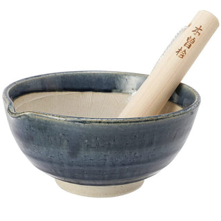 TIKUSAN Ceramic Ripple Ridge Mortar & Pestle (Suribachi & Surikogi) Set Blue