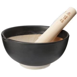 TIKUSAN Ceramic Ripple Ridge Mortar & Pestle (Suribachi & Surikogi) Set Black