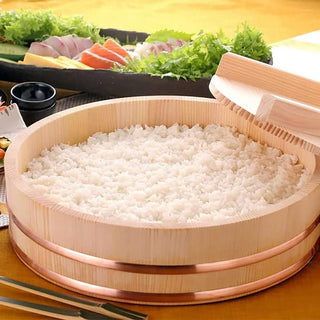 TIKUSAN Wooden Hangiri Sushi Oke Rice Mixing Tub Made of Sawara Cypress Copper Band with Lid