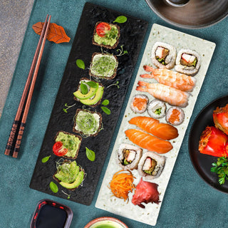 TIKUSAN Serving Platters, Sushi Plate Set of 2, Rectangle Plates Made in Japan, Ceramic Plates for Dinner Party Restaurant for Appetizer, Meat, Dessert(Black)