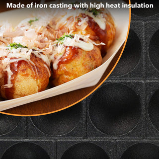 TIKUSAN Takoyaki Pan Cast Iron Takoyaki Maker Skillet Griddle Japanese Octopus Meat Ball Mold Maker Wooden Handle 14 Molds