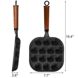 TIKUSAN Takoyaki Pan Cast Iron Takoyaki Maker Skillet Griddle Japanese Octopus Meat Ball Mold Maker Wooden Handle 14 Molds