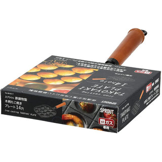 TIKUSAN Takoyaki Pan Cast Iron Takoyaki Maker Skillet Griddle Japanese Octopus Meat Ball Mold Maker Wooden Handle 14 Molds