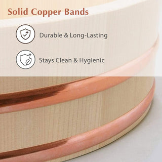 TIKUSAN Wooden Hangiri Sushi Rice Mixing Tub Copper Band Made in Japan Made of Sawara Cypress (10.6" (27cm)) + Japanese Rice Cooker Net Sushi Rice Net Mesh Polyester Napkin Reusable (L Size (40"x40"))