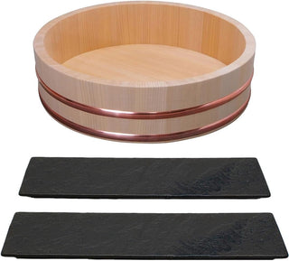 TIKUSAN Wooden Hangiri Sushi Rice Mixing Tub Copper Band Made in Japan Made of Sawara Cypress (10.6" (27cm)) Serving Platters Sushi Plate Set of 2 Rectangle Plates Made in Japan (Black)