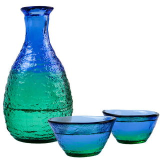 TIKUSAN Sake Set Glasses, Blue Bottle and 2 Cups Set