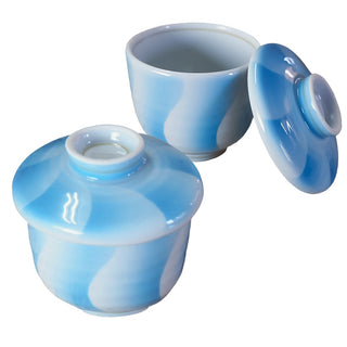 TIKUSAN Set of 2 Stew Pot With Lid Chawan Mushi Steam Cuisine Ceramic Serving Soup Bowls Custard Bowl Cup for Egg Custard, Arita Ware, Made in Japan (Light blue)