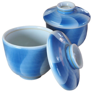TIKUSAN Set of 2 Stew Pot With Lid Chawan Mushi Steam Cuisine Ceramic Serving Soup Bowls Custard Bowl Cup for Egg Custard, Arita Ware, Made in Japan (Blue)