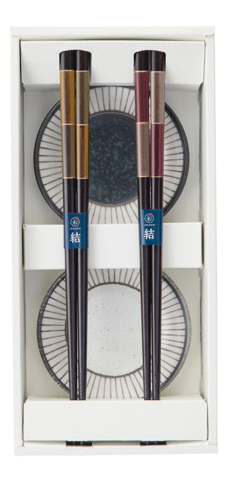 Japanese Chopsticks & Mino Ware Plate Gift Set Ichimatsu Yoigane