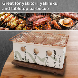 TIKUSAN Table Top Charcoal Grill, Shichirin with Wire Mesh Grill and Wooden Base