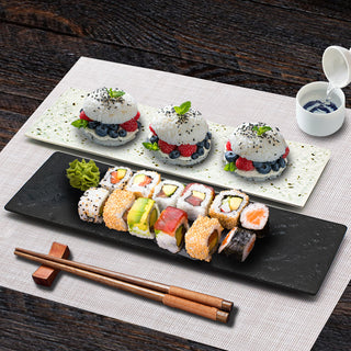 TIKUSAN Serving Platters, Sushi Plate Set of 2, Rectangle Plates Made in Japan, Ceramic Plates for Dinner Party Restaurant for Appetizer, Meat, Dessert(Black)
